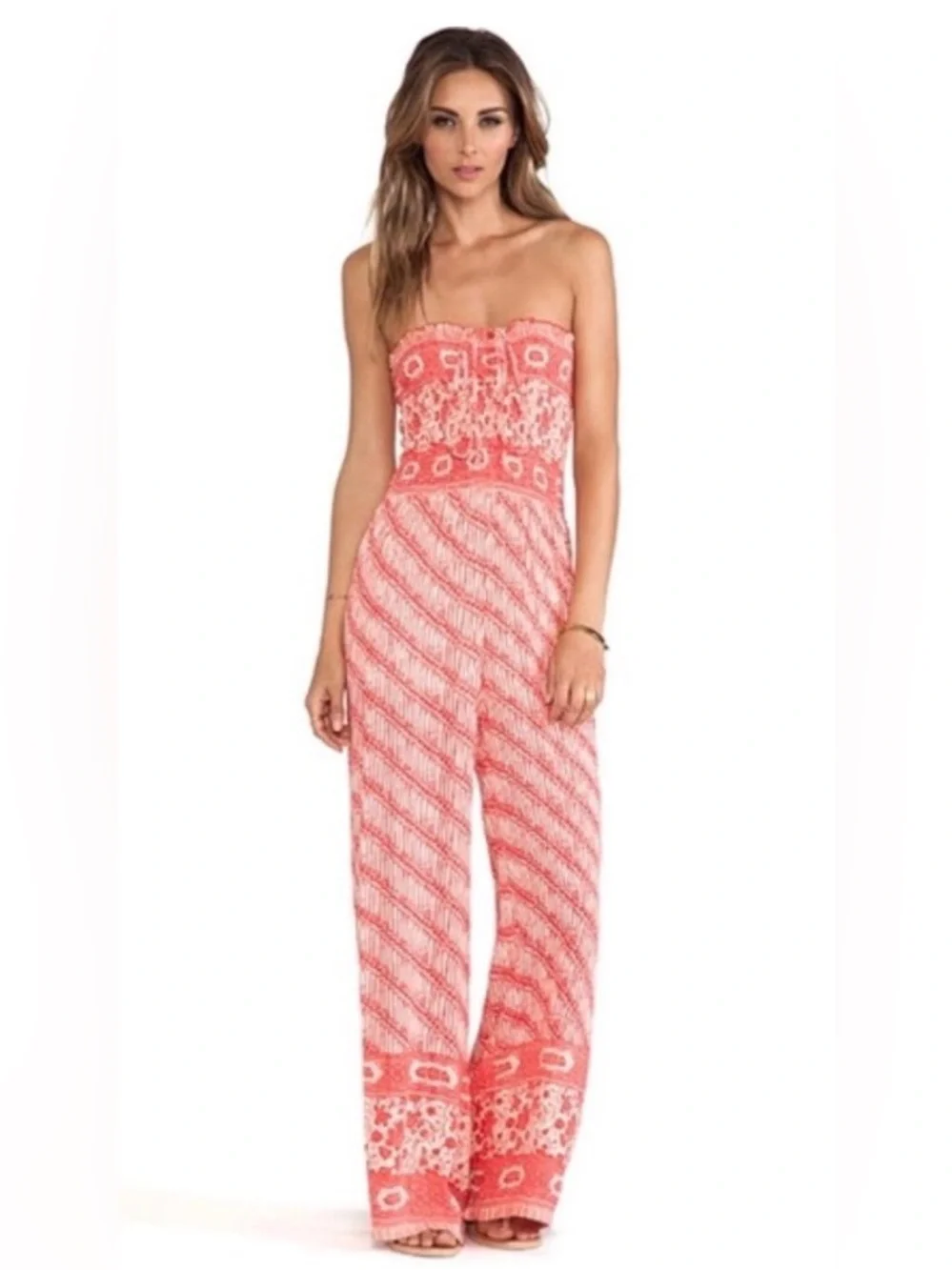 Free People, large, red & white boho-patterned strapless wide-leg jumpsuit